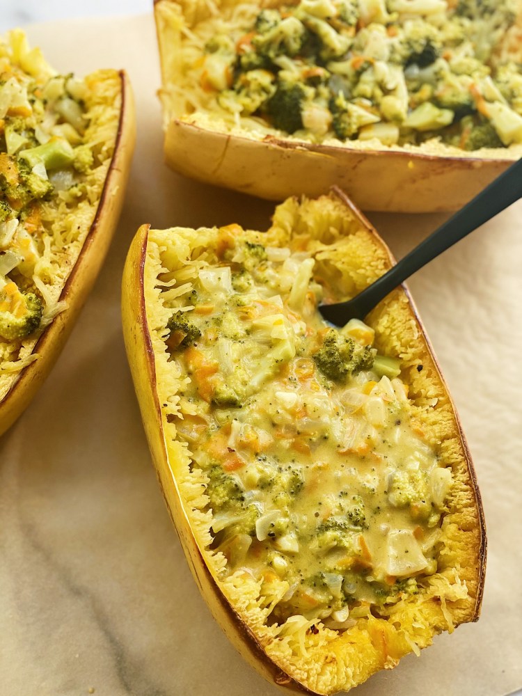 Broccoli cheese spaghetti squash boats