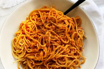 vegan red pesto with spaghetti on a plate